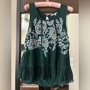 Floreat Dark Green Embroidered Tiered Sleeveless Top